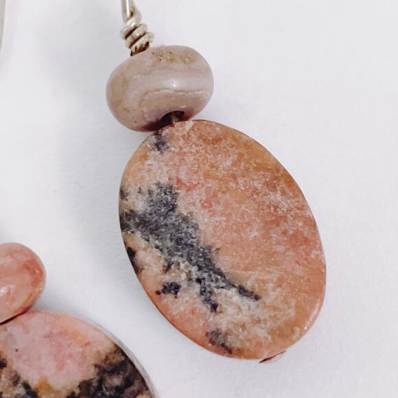 VTG Gemstone Silver Likely Sterling Rhodonite Earrings Boho Dangle Pink Black - Picture 5 of 8